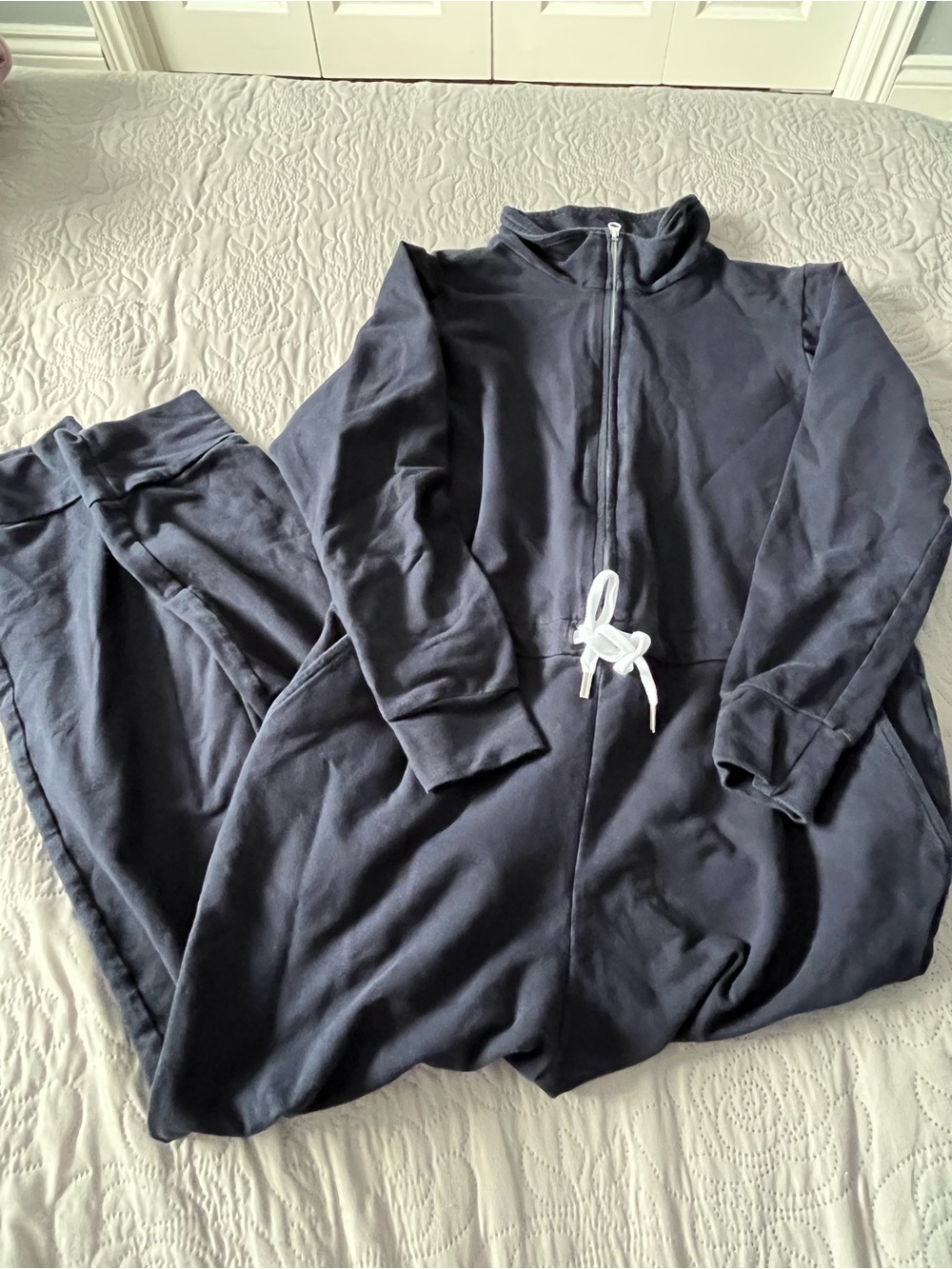 Smash + Tess Navy Blue Zip Jumpsuit with White Drawstring
